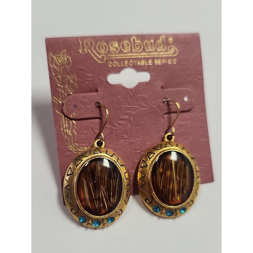 Rosebud Gold-Tone Oval Drop Earrings with Brown Cabochons and Blue Accents